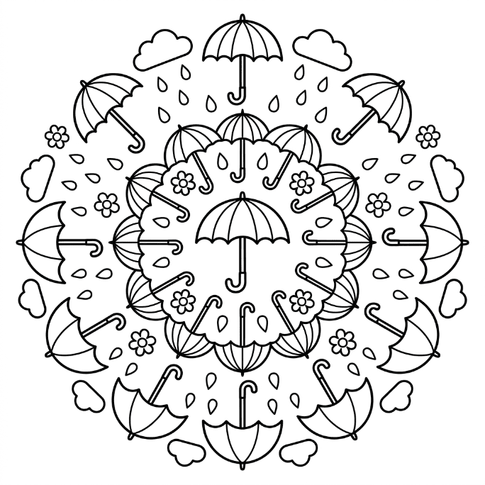 Coloriage Mandala: Parapluie et gouttes de pluie Mandalas