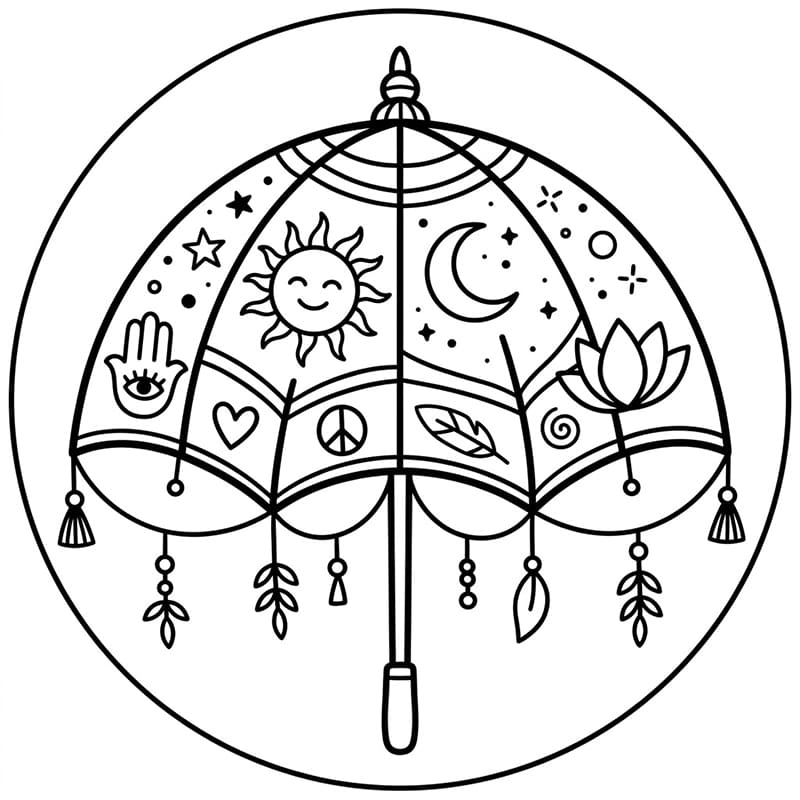 Coloriage Mandala: Parapluie orné de symboles spirituels Mandalas