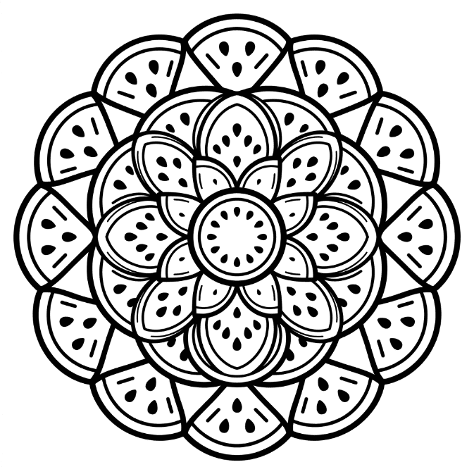 Coloriage Mandala: Pastèque de forme circulaire symétrique Mandalas