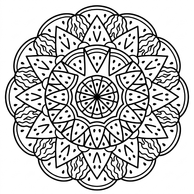 Coloriage Mandala: Pastèque disposée de façon géométrique Mandalas