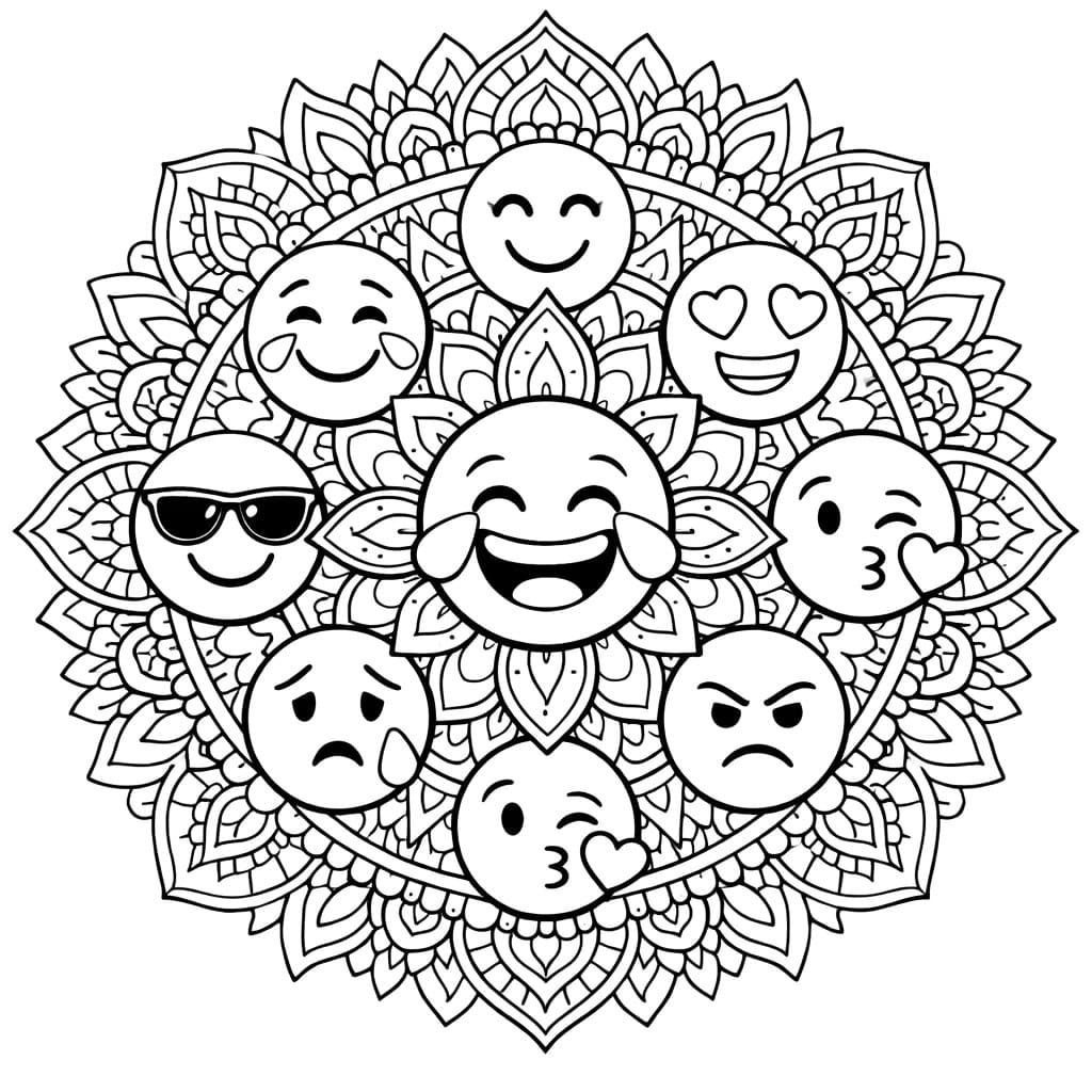 Coloriage Mandala: Plusieurs visages émoji Mandalas