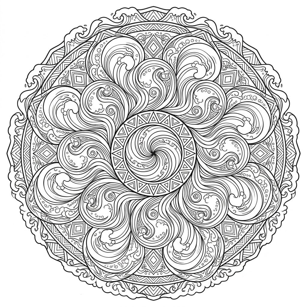 Coloriage Mandala: Symétrie géométrique des vagues océaniques Mandalas