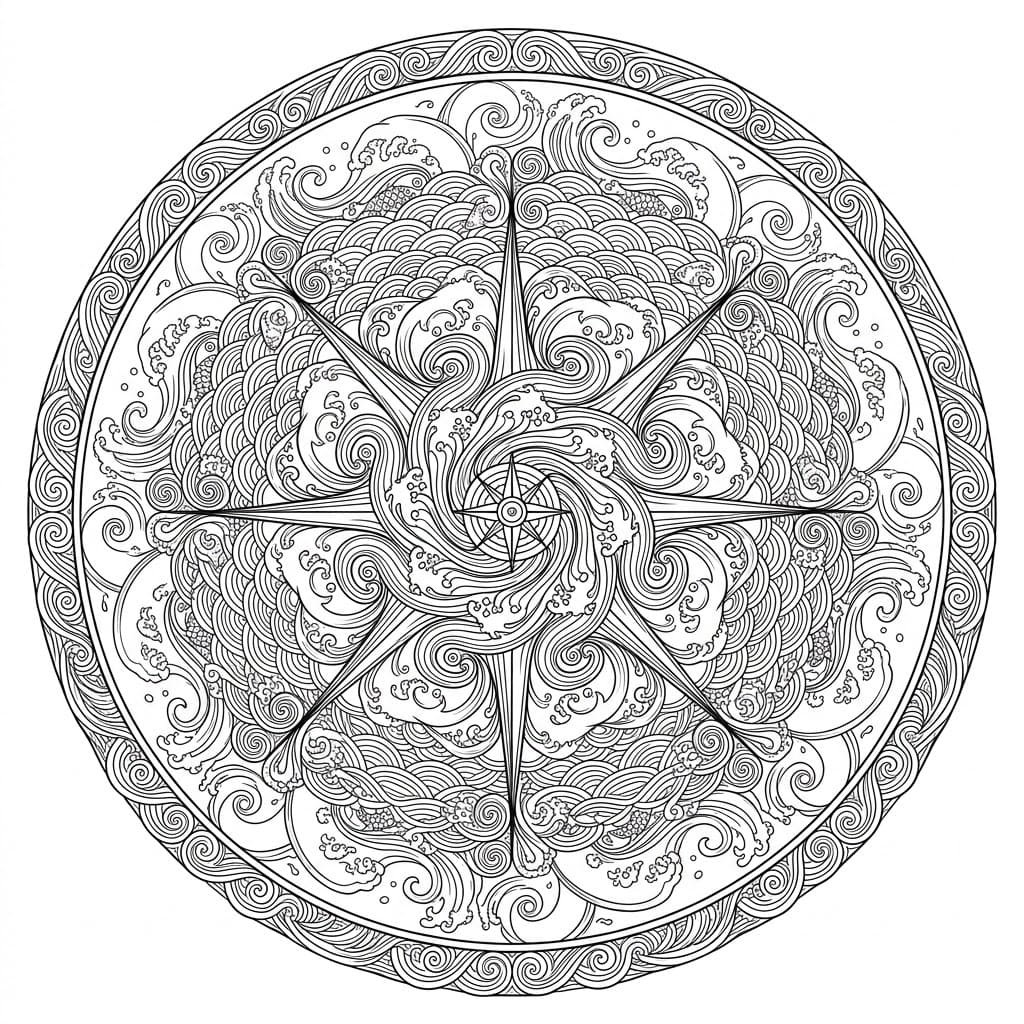 Coloriage Mandala: Vagues de l'océan et boussole Mandalas