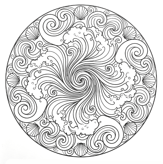 Coloriage Mandala: Vagues de l'océan et coquillages Mandalas