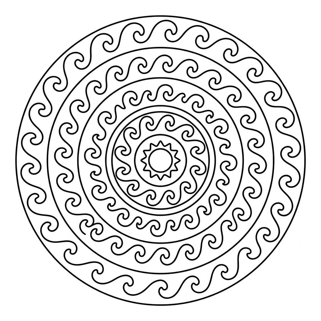 Coloriage Mandala: Vagues de l'océan facile pour enfants Mandalas