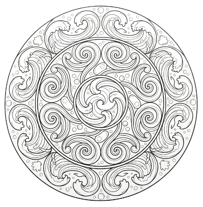 Coloriage Mandala: Vagues océaniques à la composition symétrique Mandalas