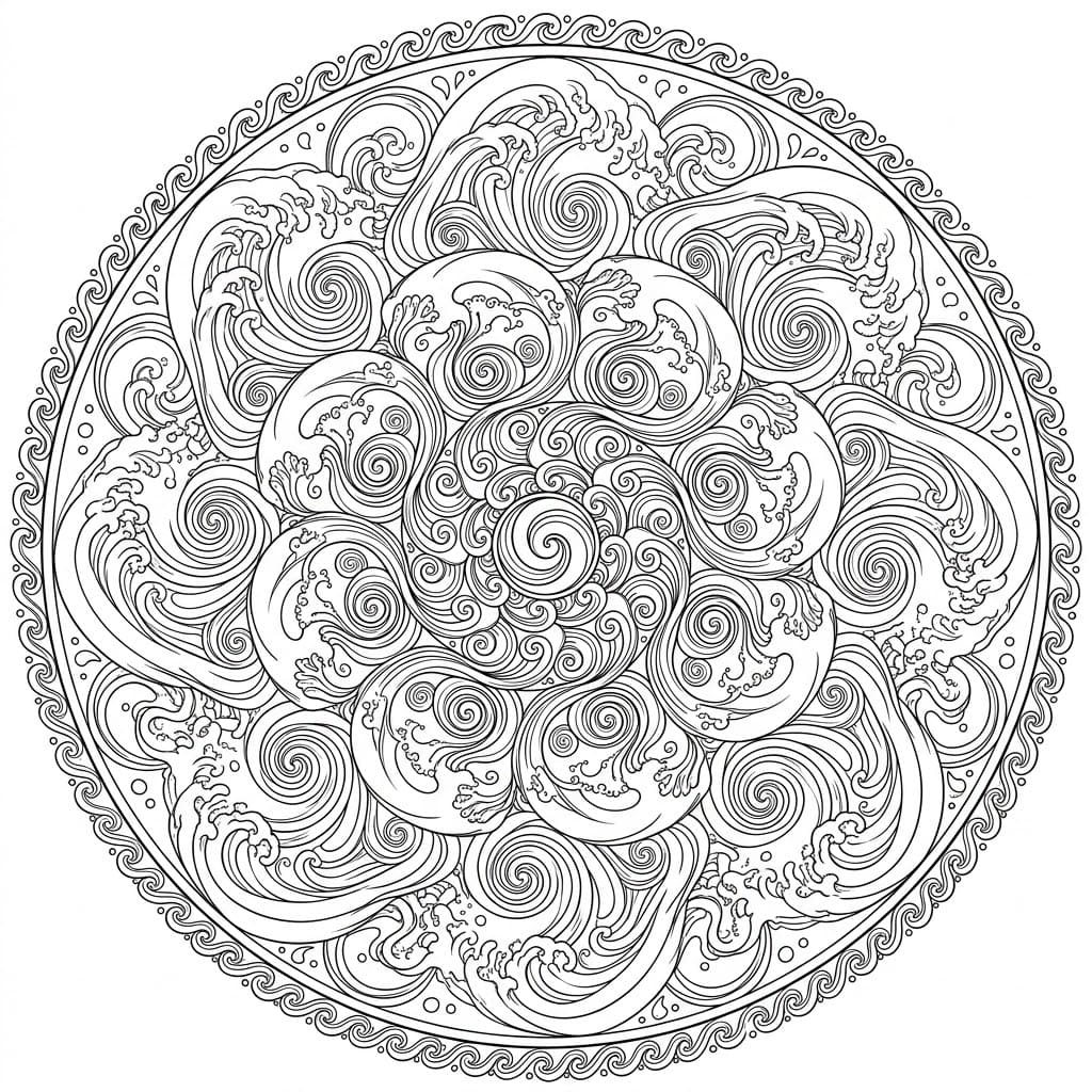 Coloriage Mandala: Vagues océaniques aux courbes et spirales répétitives Mandalas