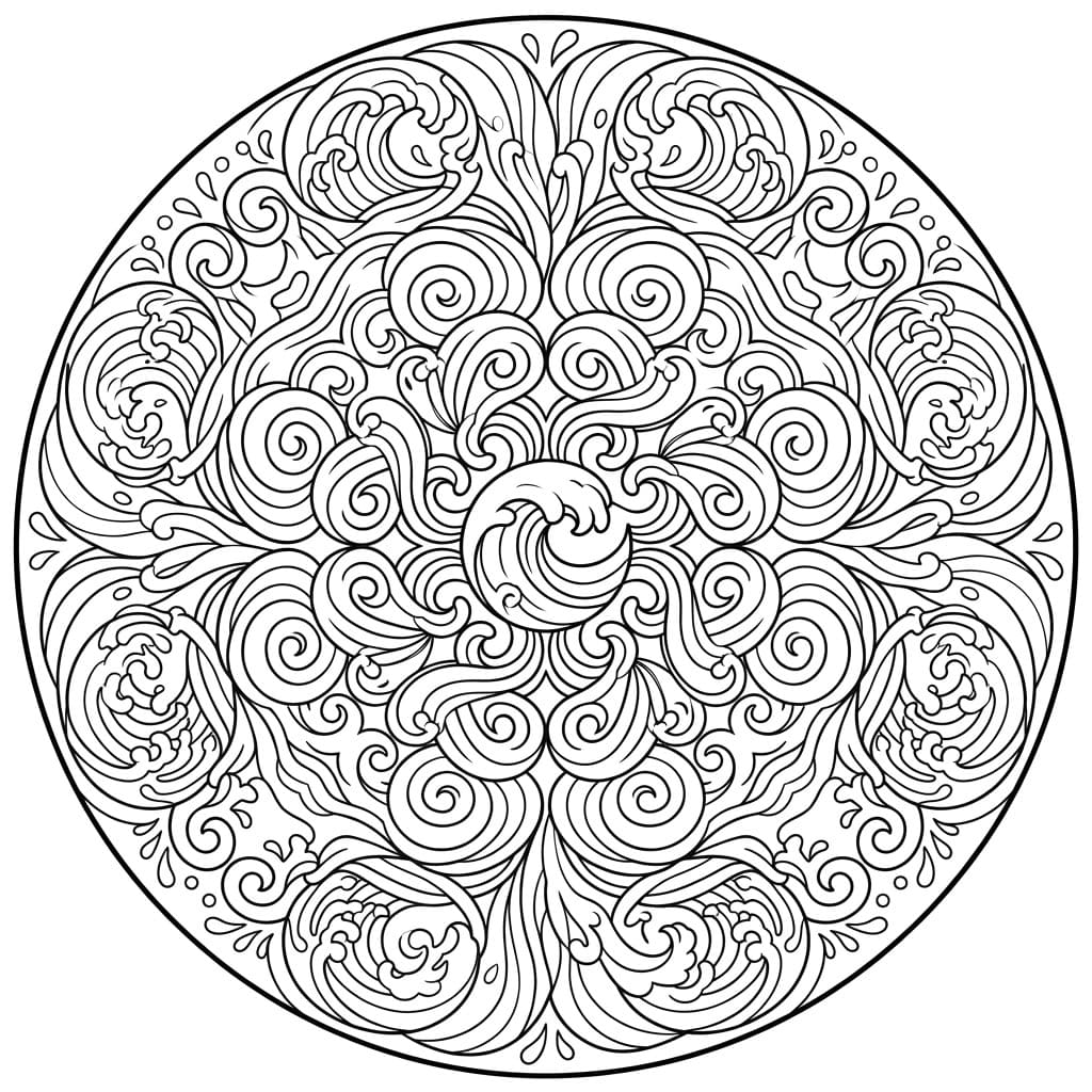 Coloriage Mandala: Vagues océaniques aux motifs d'eau fluide Mandalas