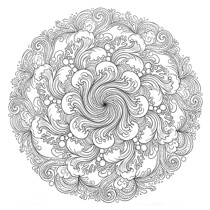 Coloriage Mandala: Vagues océaniques aux motifs ondulatoires répétitifs Mandalas