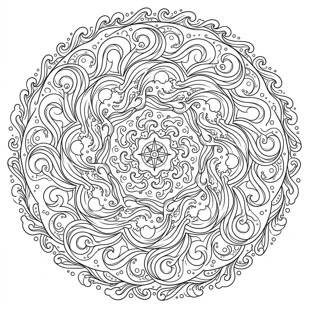 Coloriage Mandala: Vagues océaniques avec écume et marées Mandalas