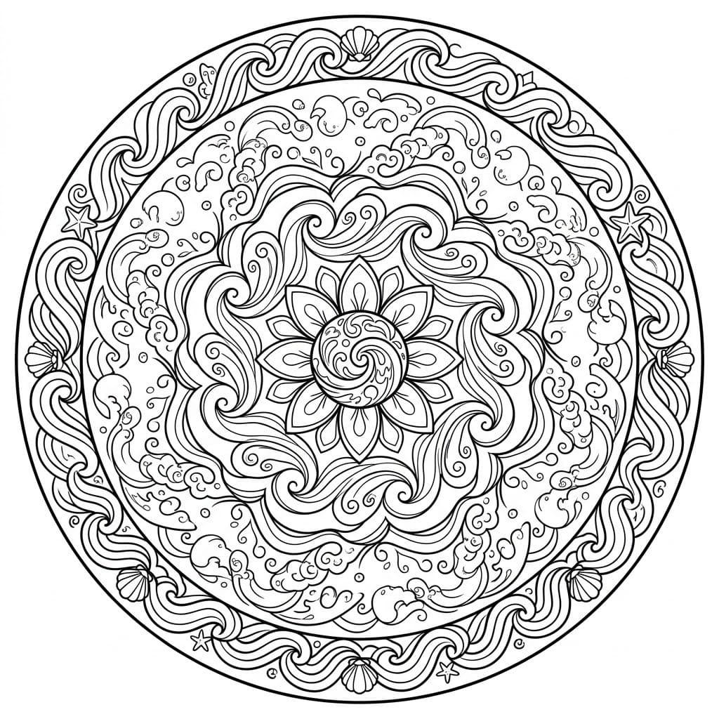 Coloriage Mandala: Vagues océaniques avec éléments décoratifs Mandalas