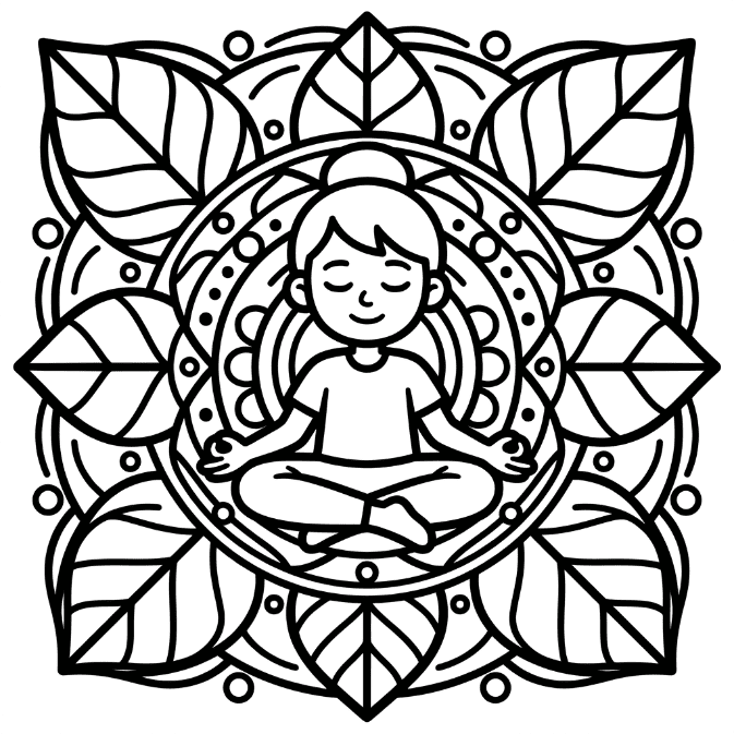Coloriage Mandala: Yoga avec de grandes feuilles Mandalas