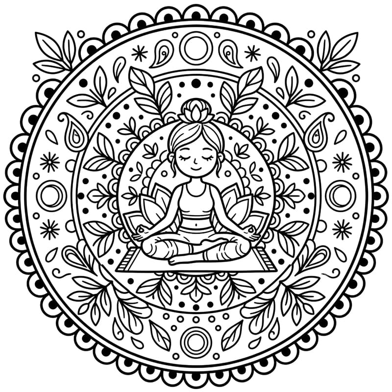 Coloriage Mandala: Yoga avec des motifs circulaires et des feuilles Mandalas