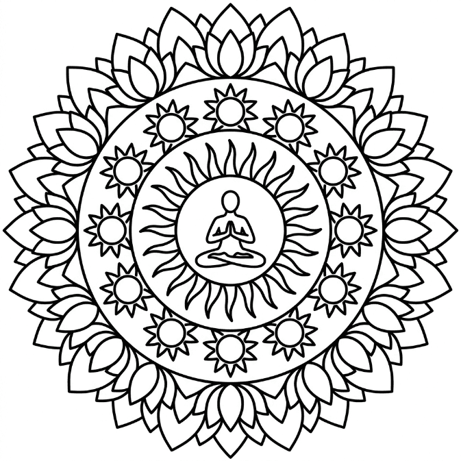 Coloriage Mandala: Yoga avec le soleil et le lotus Mandalas