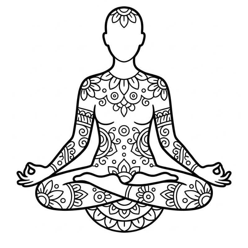 Coloriage Mandala: Yoga avec une personne assise en position de méditation Mandalas