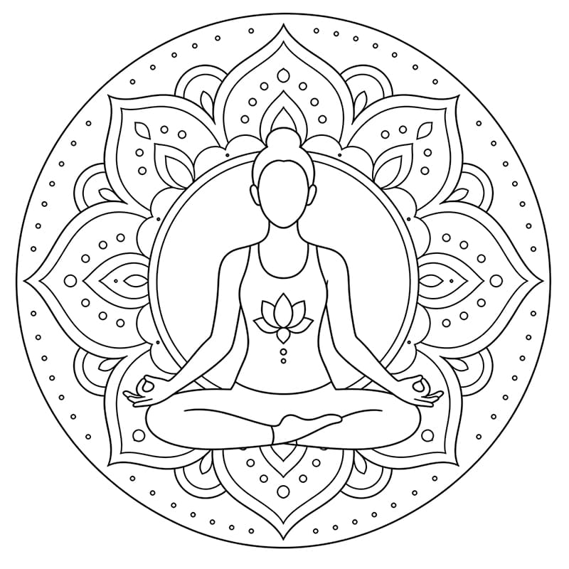 Coloriage Mandala: Yoga avec une personne en méditation en position du lotus Mandalas