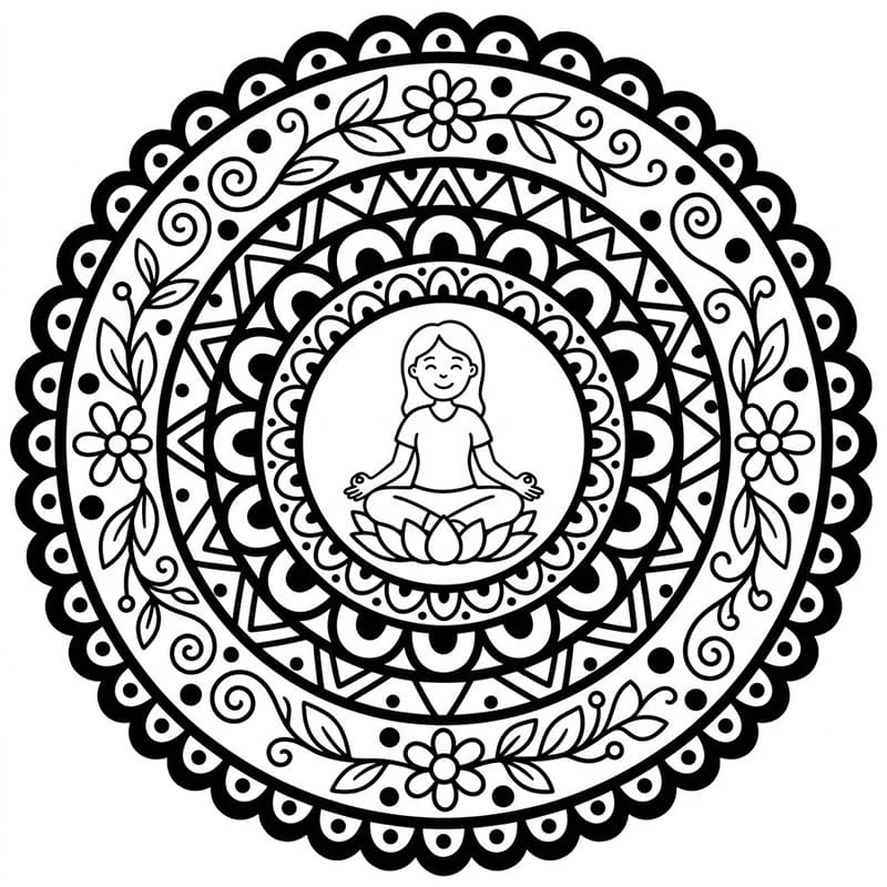 Coloriage Mandala: Yoga avec une personne en méditation Mandalas