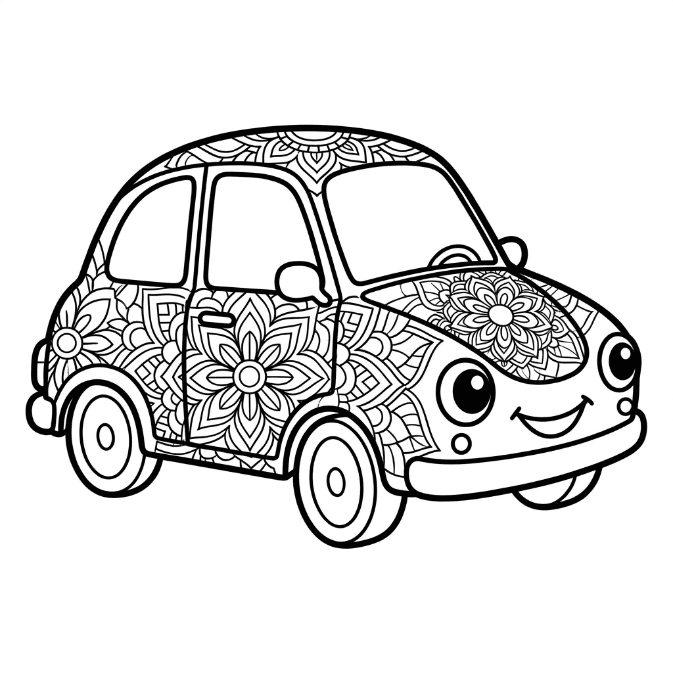 Coloriage Mandala: Adorable voiture de dessin animé Mandalas