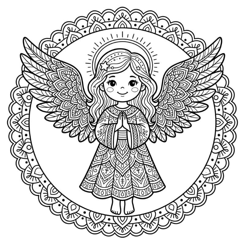 Coloriage Mandala: Ange avec éléments décoratifs Mandalas