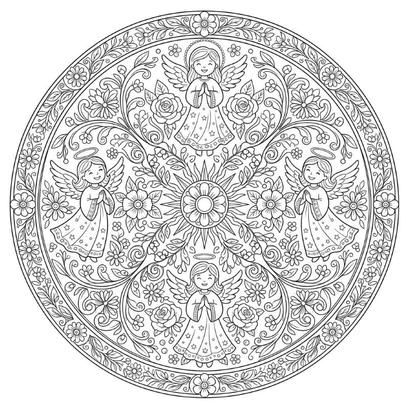 Coloriage Mandala: Anges avec des éléments floraux Mandalas