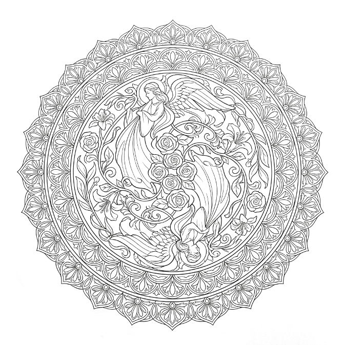 Coloriage Mandala: Anges et fleurs Mandalas