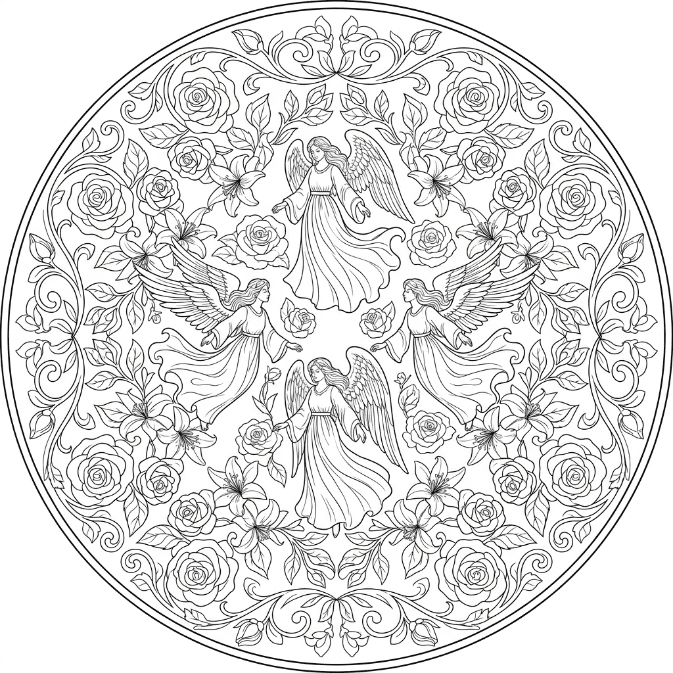 Coloriage Mandala: Anges et roses Mandalas