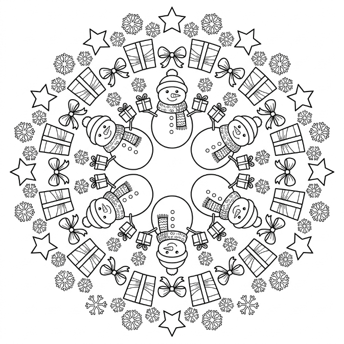 Coloriage Mandala: Bonhomme de neige avec des cadeaux de Noël Mandalas