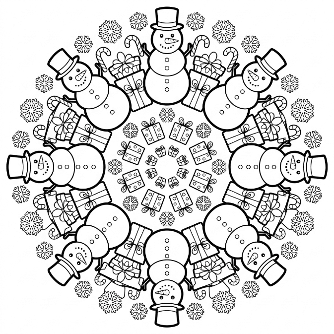 Coloriage Mandala: Bonhomme de neige avec des cadeaux et des flocons de neige Mandalas