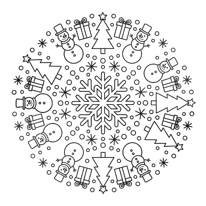 Coloriage Mandala: Bonhomme de neige avec des cadeaux et des sapins de Noël Mandalas