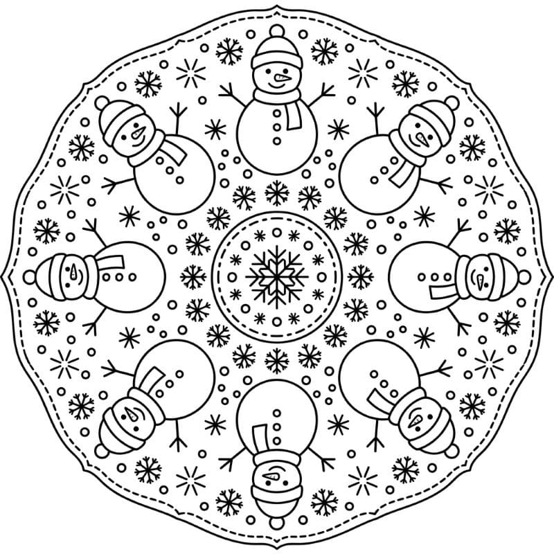 Coloriage Mandala: Bonhomme de neige avec des chapeaux et des écharpes Mandalas