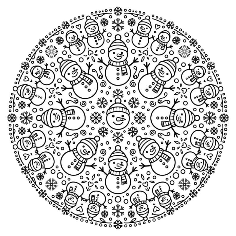 Coloriage Mandala: Bonhommes de neige de Noël Mandalas