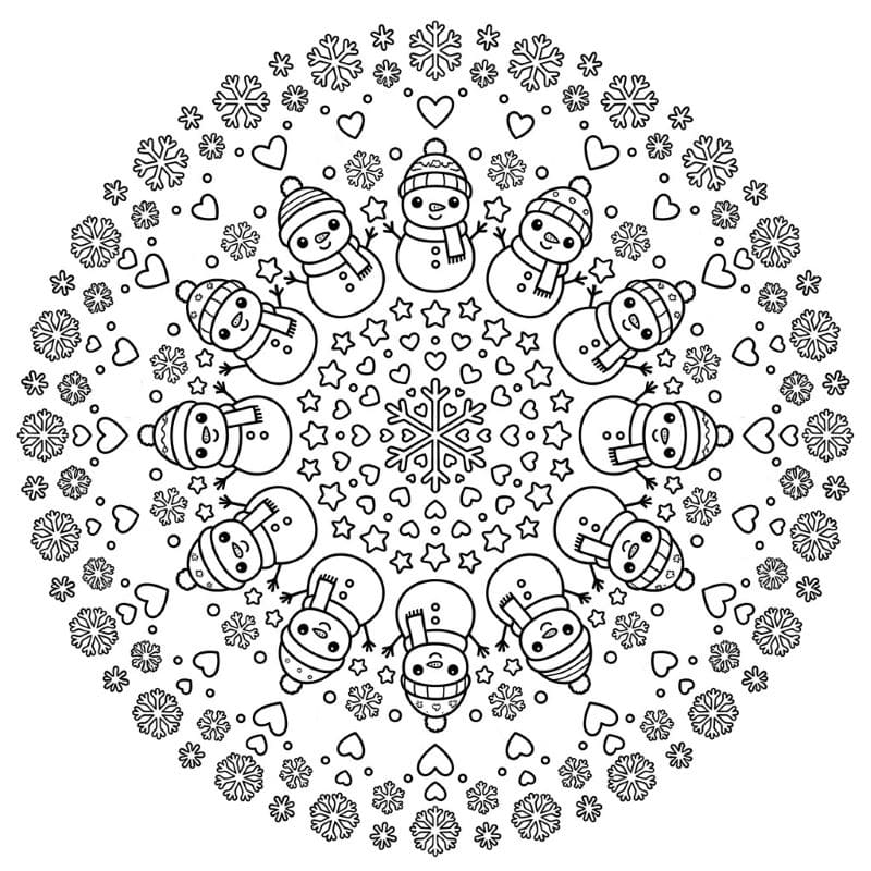 Coloriage Mandala: Bonhommes de neige de style chibi Mandalas