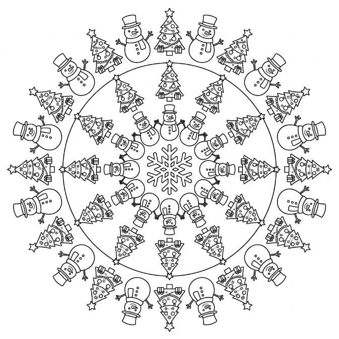 Coloriage Mandala: Bonhommes de neige et arbre décoré Mandalas