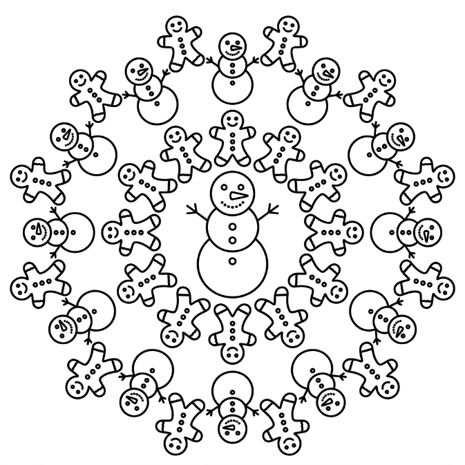Coloriage Mandala: Bonhommes de neige et biscuits en pain d'épice Mandalas