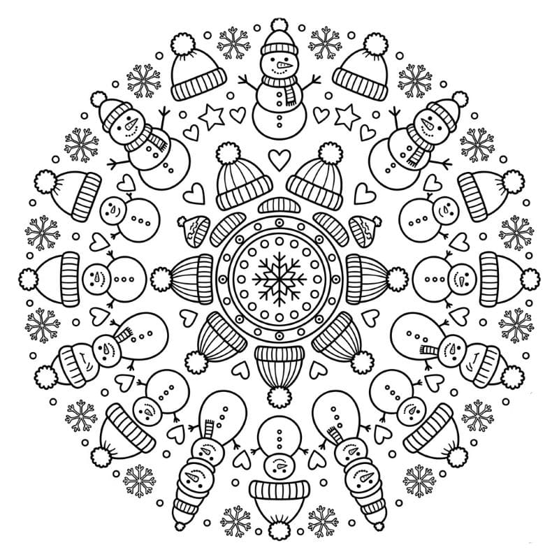 Coloriage Mandala: Bonhommes de neige et bonnets d'hiver Mandalas