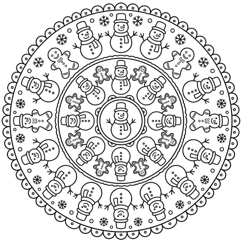 Coloriage Mandala: Bonhommes de neige et bonshommes en pain d'épice Mandalas