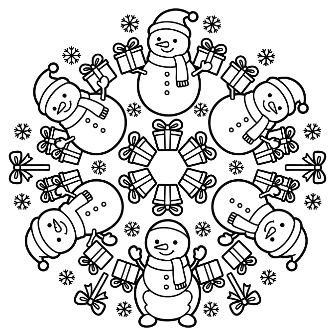 Coloriage Mandala: Bonhommes de neige et cadeaux Mandalas