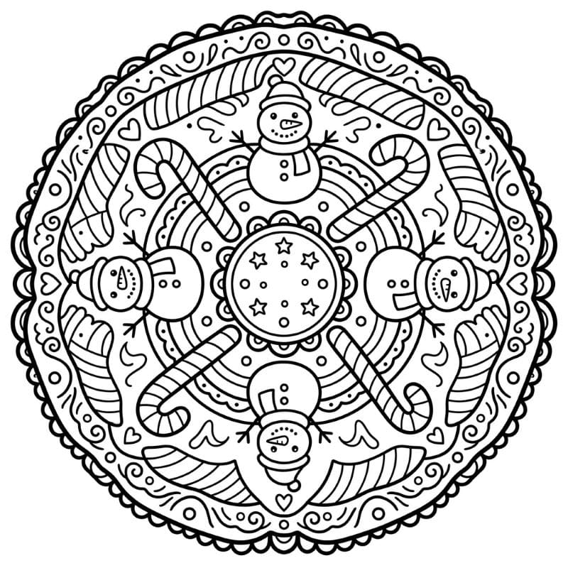 Coloriage Mandala: Bonhommes de neige et cannes de Noël Mandalas