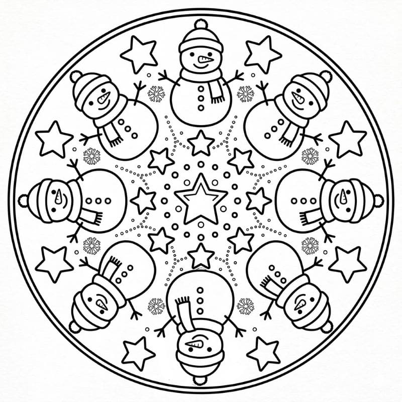 Coloriage Mandala: Bonhommes de neige et étoiles Mandalas