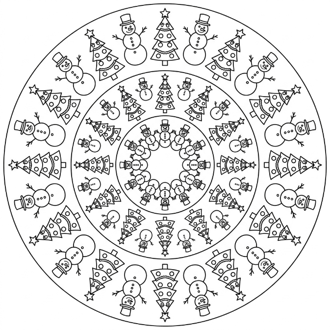 Coloriage Mandala: Bonhommes de neige et sapin de Noël Mandalas