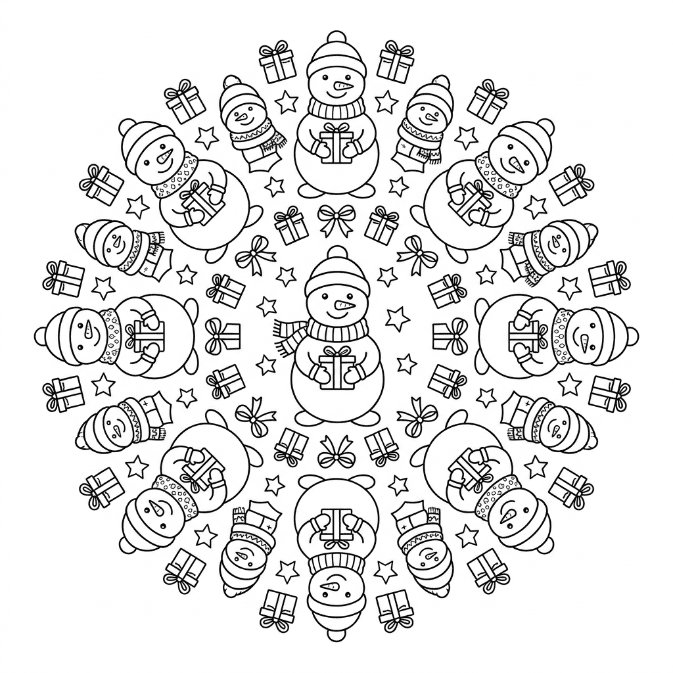 Coloriage Mandala: Bonhommes de neige tenant des cadeaux Mandalas