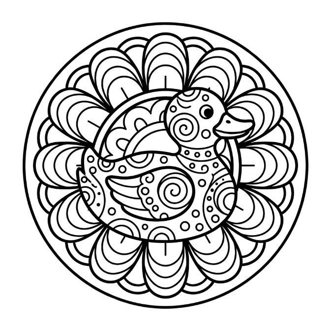 Coloriage Mandala: Canard avec des motifs de base Mandalas