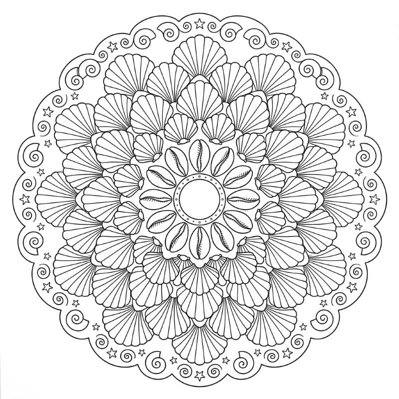 Coloriage Mandala: Coquillages disposés en motif floral circulaire Mandalas