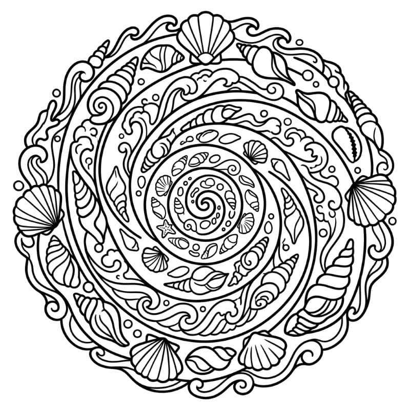 Coloriage Mandala: Coquillages et vagues de l'océan Mandalas
