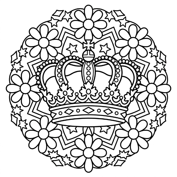 Coloriage Mandala: Couronne et fleurs Mandalas