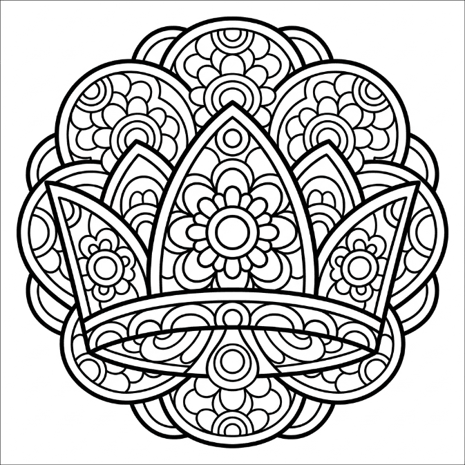 Coloriage Mandala: Couronne ornée d'éléments floraux Mandalas