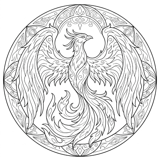 Coloriage Mandala: Élégant phénix mythique Mandalas