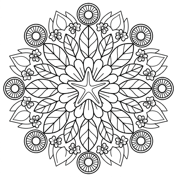 Coloriage Mandala: Étoile de mer avec des éléments floraux Mandalas