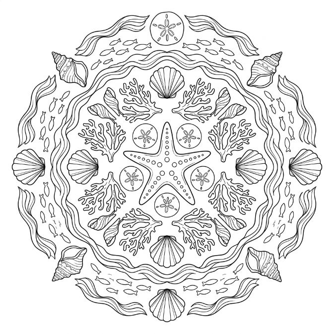 Coloriage Mandala: Étoile de mer avec des éléments sur le thème de l'océan Mandalas