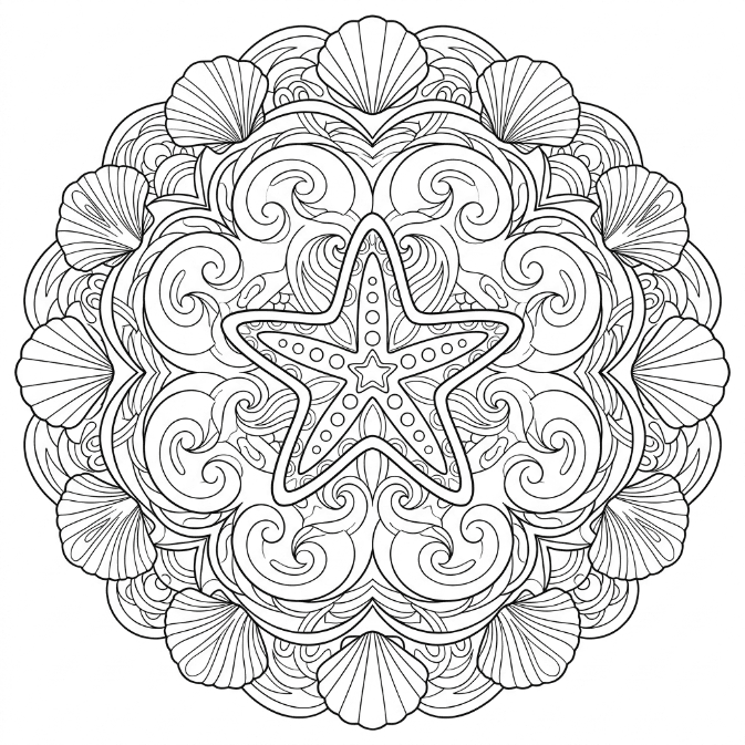 Coloriage Mandala: Étoile de mer avec des vagues et des coquillages Mandalas